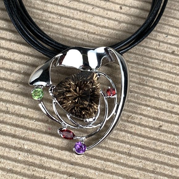 NEW Sterling Silver & Smoky Quartz Pendant with Garnet Amethyst and Peridot - Picture 1 of 5
